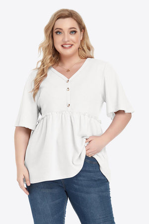 Contemporary Buttoned Frill Trim Plus Size Babydoll Blouse - MXSTUDIO.COM