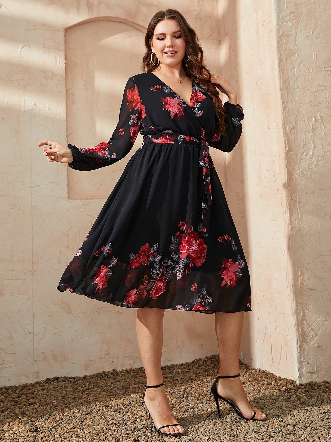 Contented Plus Size Floral Long Sleeve Dress - MXSTUDIO.COM