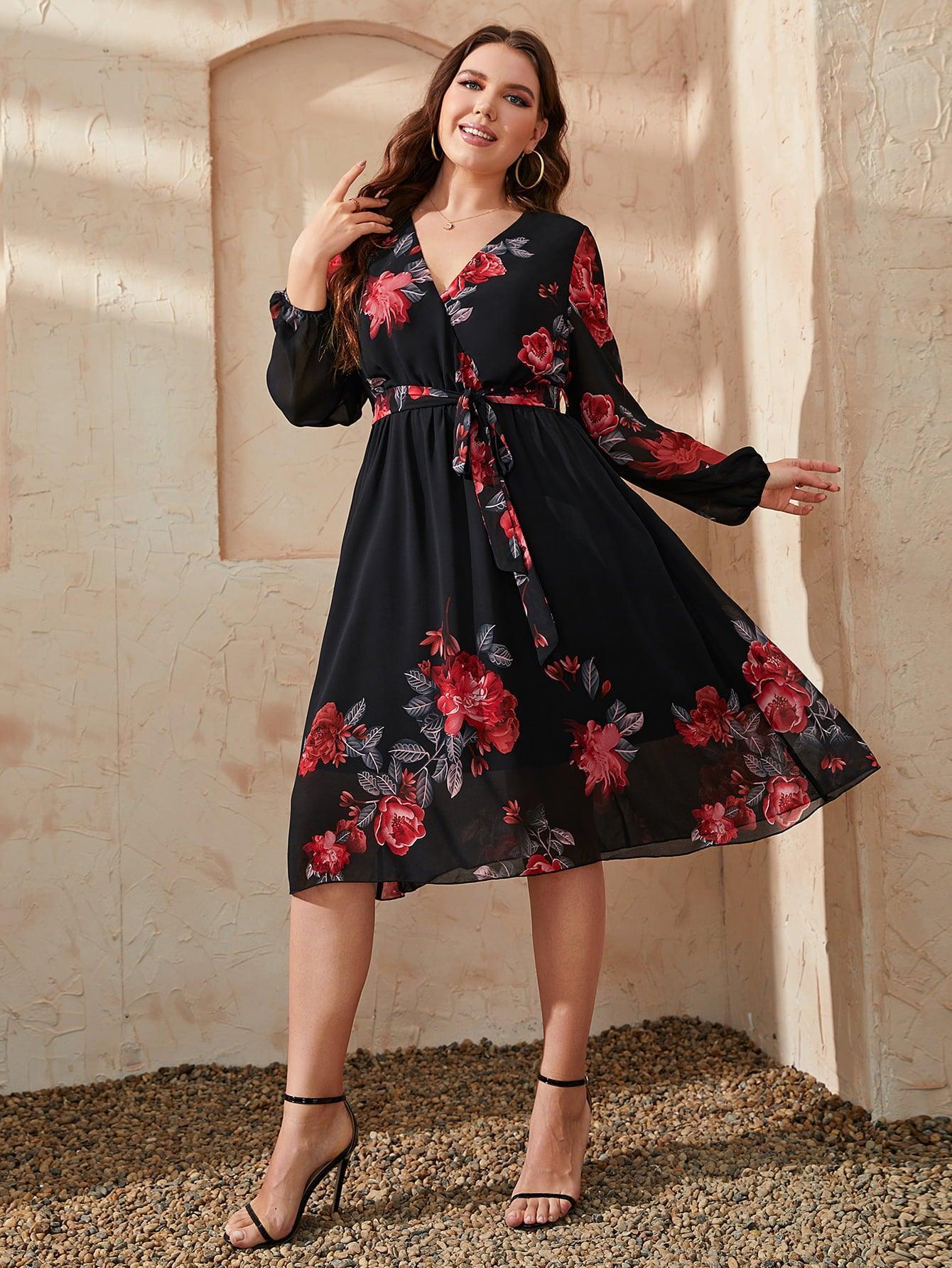 Contented Plus Size Floral Long Sleeve Dress - MXSTUDIO.COM