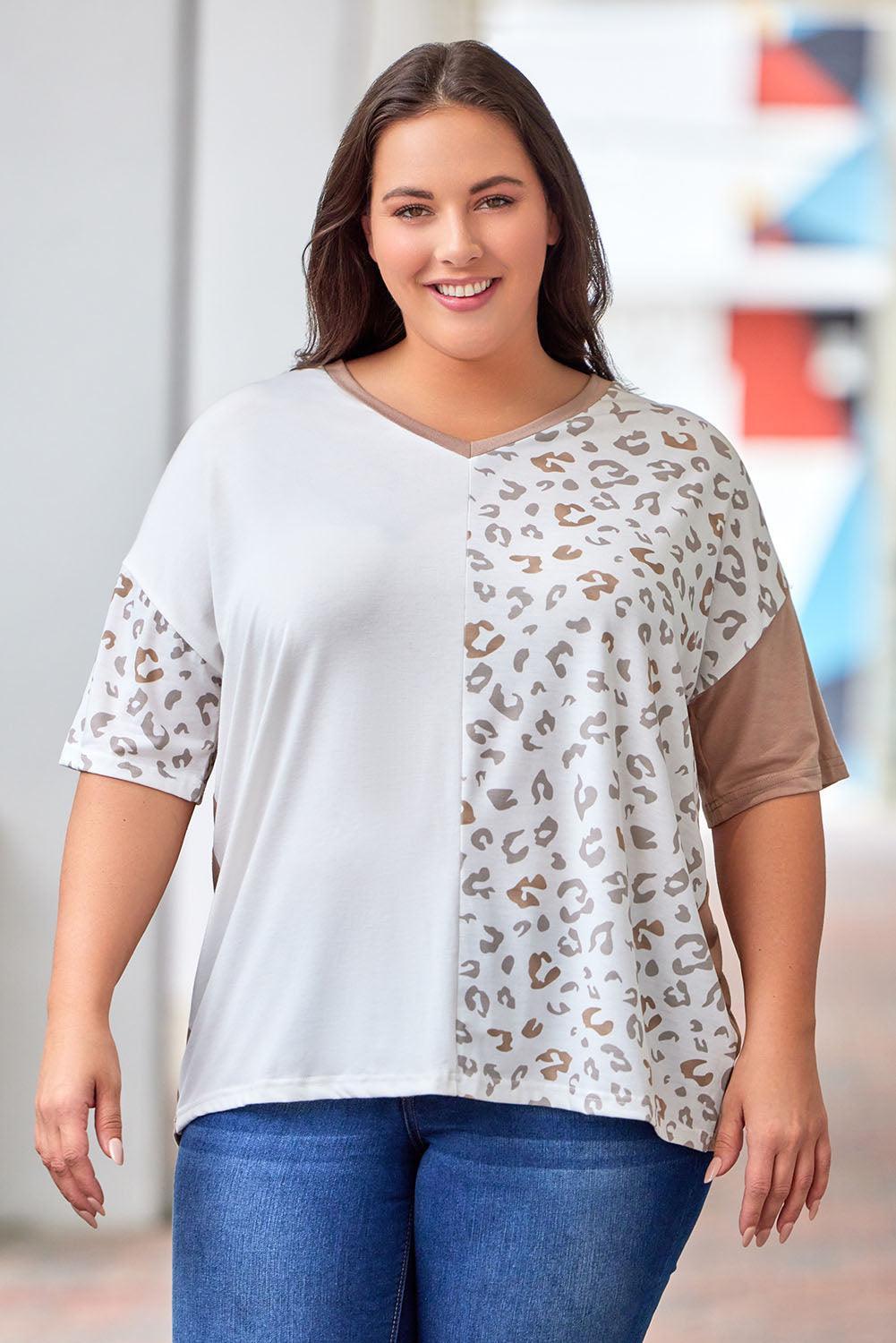 Contrast Leopard Print Plus Size V Neck T-Shirt - MXSTUDIO.COM