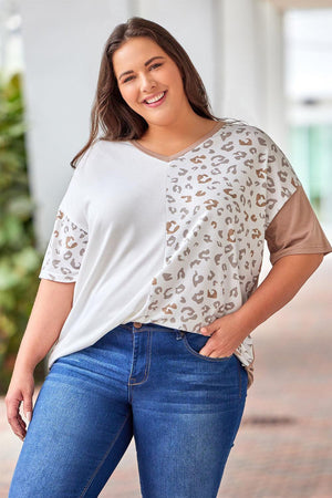 Contrast Leopard Print Plus Size V Neck T-Shirt - MXSTUDIO.COM