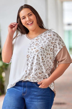 Contrast Leopard Print Plus Size V Neck T-Shirt - MXSTUDIO.COM