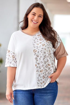 Contrast Leopard Print Plus Size V Neck T-Shirt - MXSTUDIO.COM