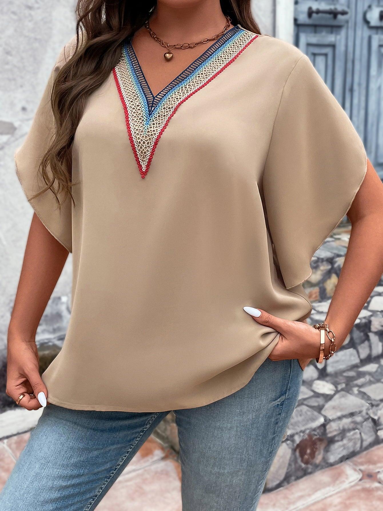 Contrast Tan Flutter Sleeve Plus Size V-Neck Blouse - MXSTUDIO.COM