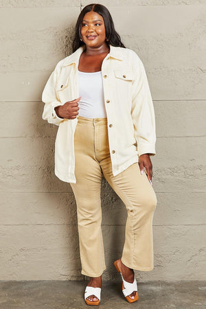 Convenient Button Down Cream Plus Size Womens Shacket - MXSTUDIO.COM