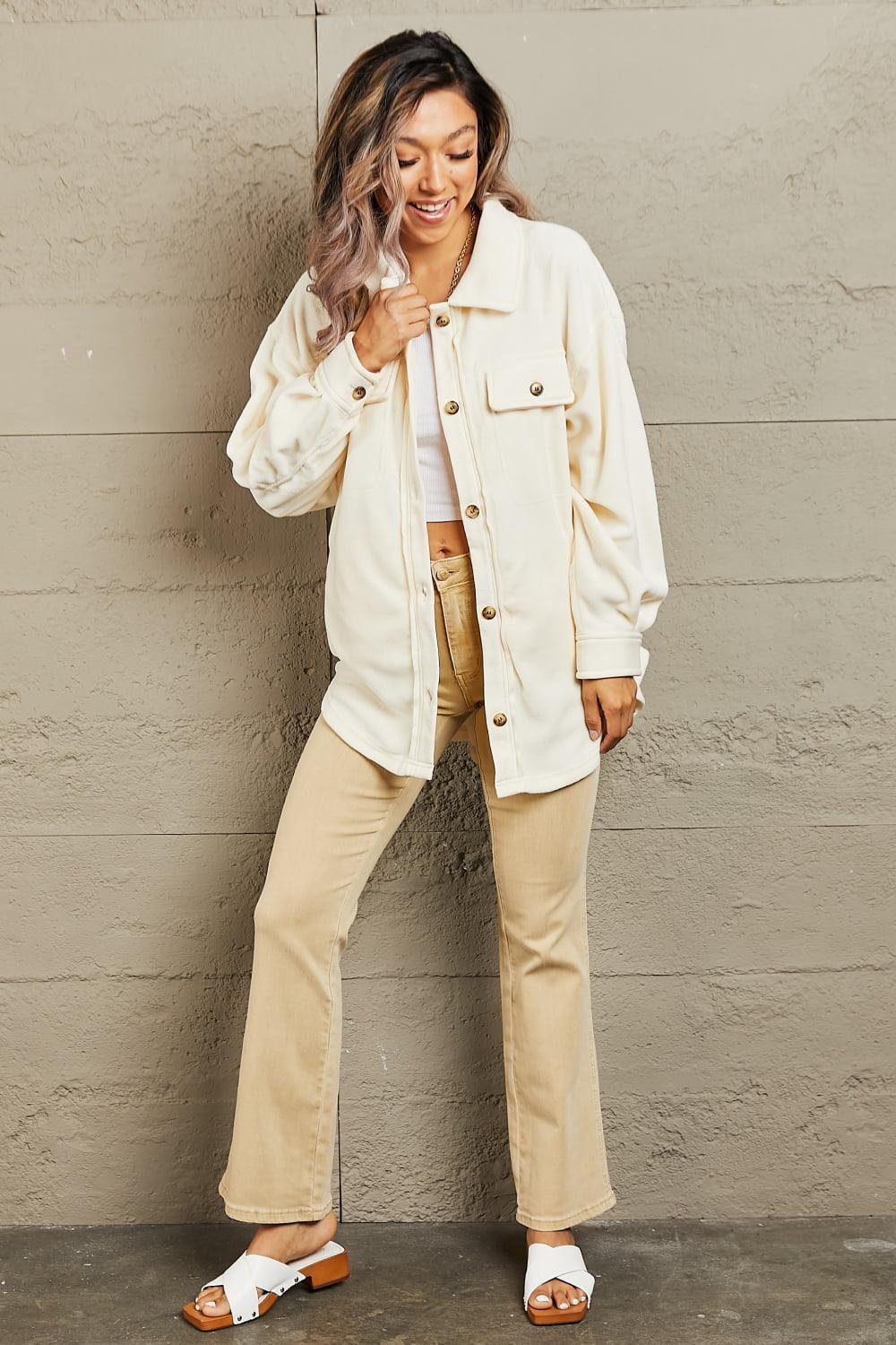 Convenient Button Down Cream Plus Size Womens Shacket - MXSTUDIO.COM