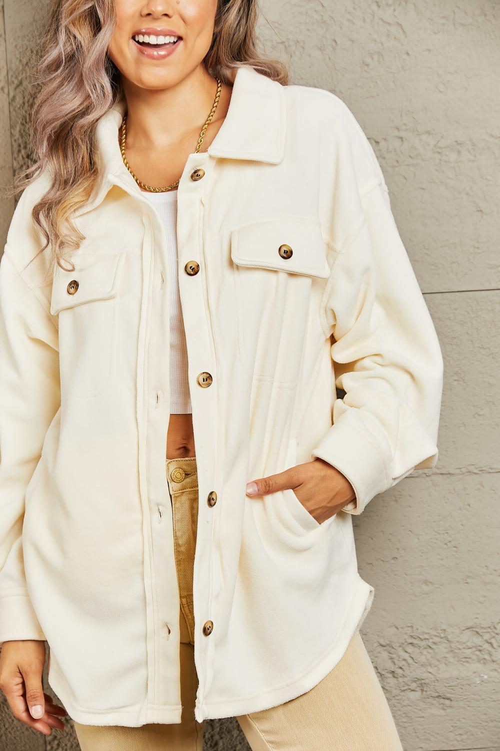 Convenient Button Down Cream Plus Size Womens Shacket - MXSTUDIO.COM