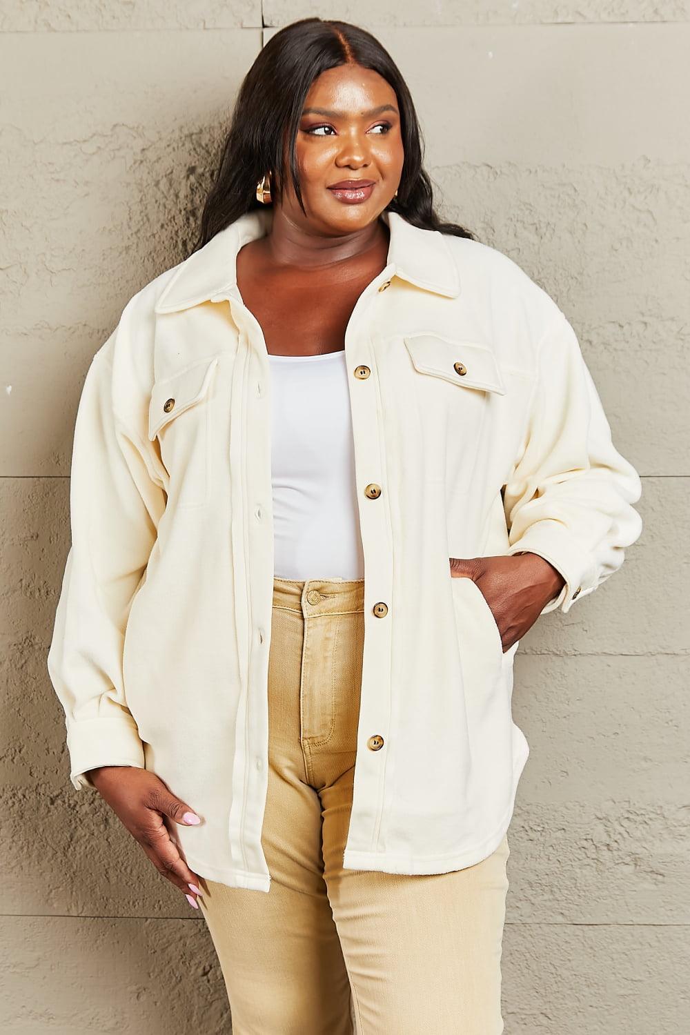 Convenient Button Down Cream Plus Size Womens Shacket - MXSTUDIO.COM