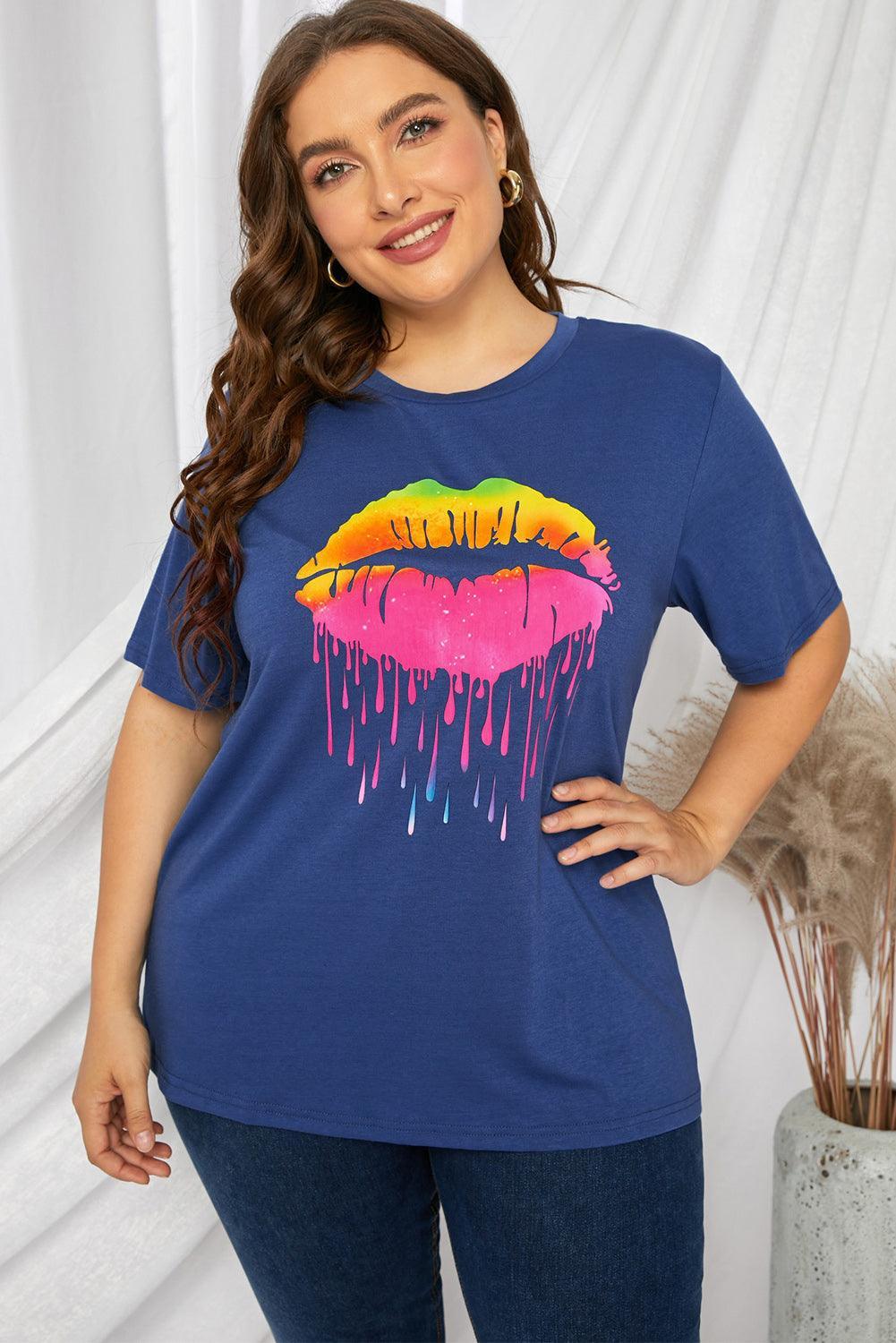 Coolness Feel Short Sleeves Plus Size Lips Graphic Tee - MXSTUDIO.COM