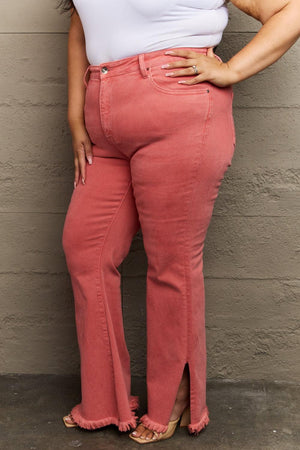 Coral High Waist Side Slit Plus Size Flare Jeans - MXSTUDIO.COM