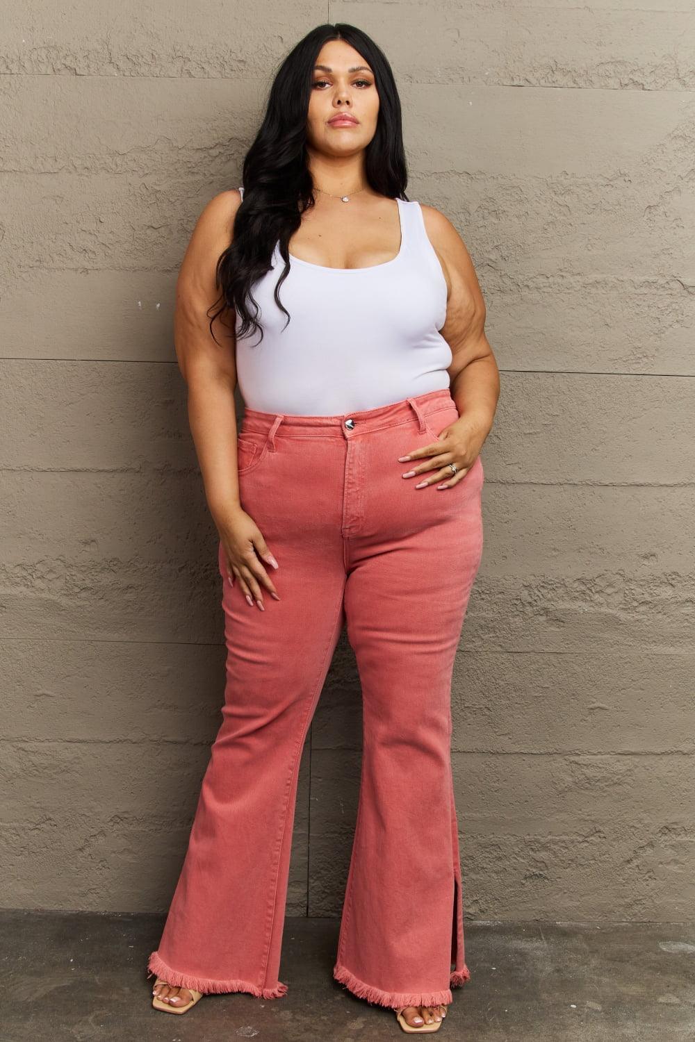 Coral High Waist Side Slit Plus Size Flare Jeans - MXSTUDIO.COM