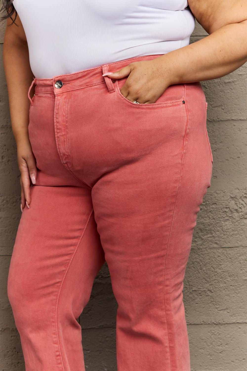 Coral High Waist Side Slit Plus Size Flare Jeans - MXSTUDIO.COM