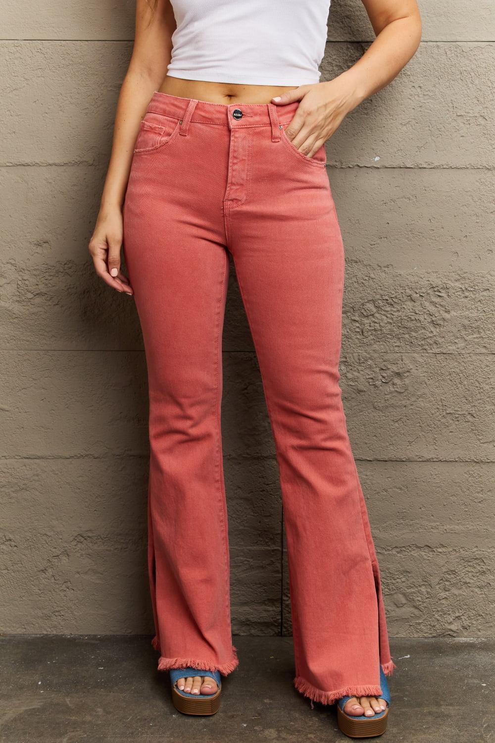 Coral High Waist Side Slit Plus Size Flare Jeans - MXSTUDIO.COM