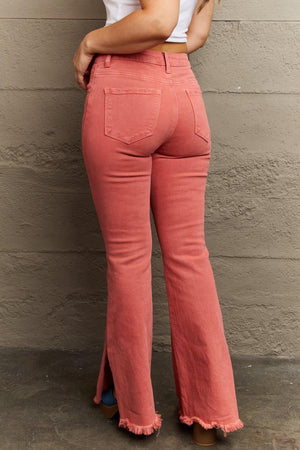 Coral High Waist Side Slit Plus Size Flare Jeans - MXSTUDIO.COM