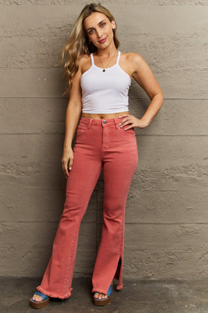 Coral High Waist Side Slit Plus Size Flare Jeans - MXSTUDIO.COM