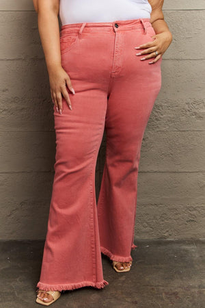 Coral High Waist Side Slit Plus Size Flare Jeans - MXSTUDIO.COM