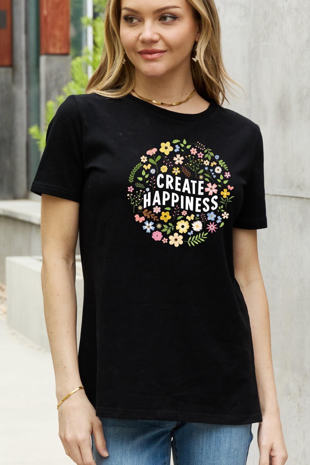 Create Happiness Plus Size Floral Graphic Tee - MXSTUDIO.COM