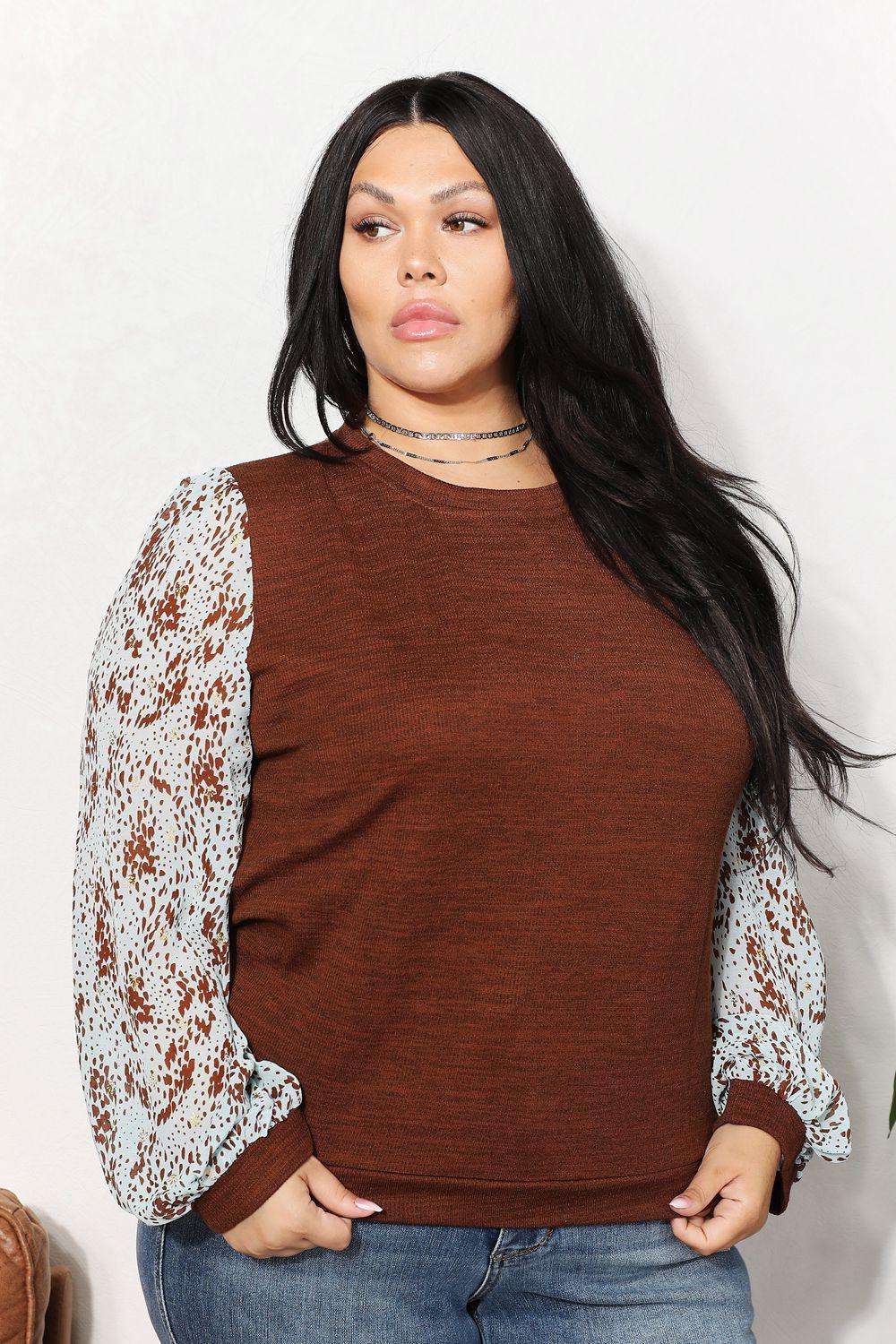 Creative Expression Foil Printed Sleeve Plus Size Brown Top - MXSTUDIO.COM