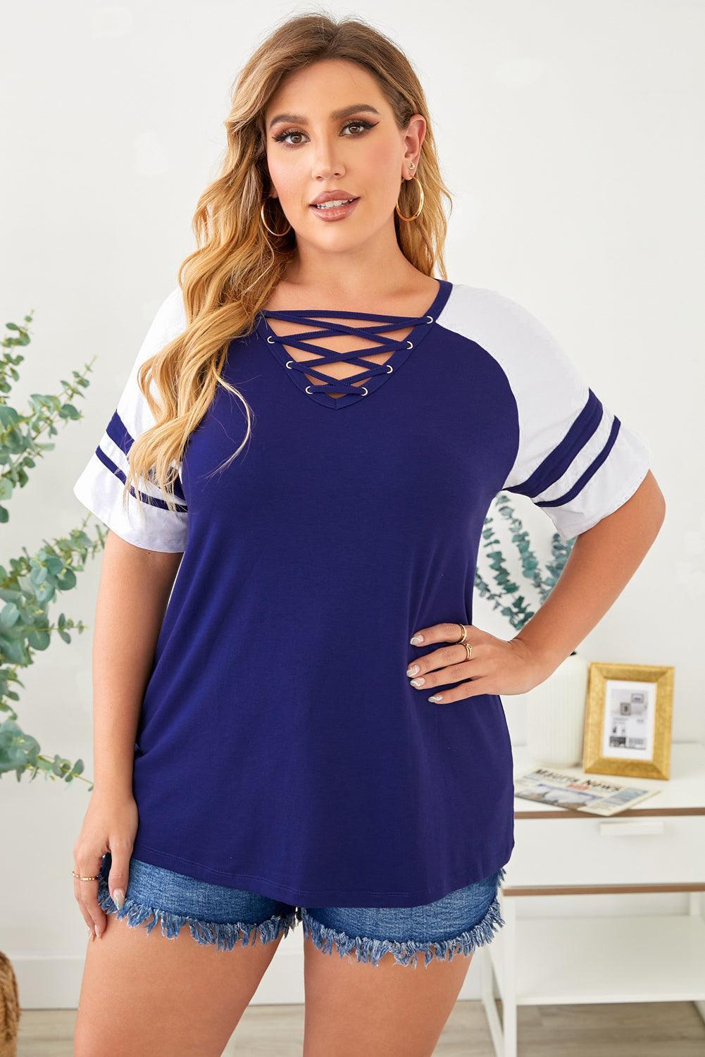 Crisscross V-Neck Plus Size Dual Tone T-Shirt - MXSTUDIO.COM