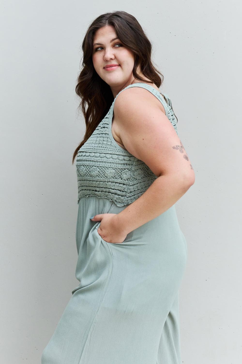 Crochet Detail Plus Size Green Sleeveless Jumpsuit - MXSTUDIO.COM