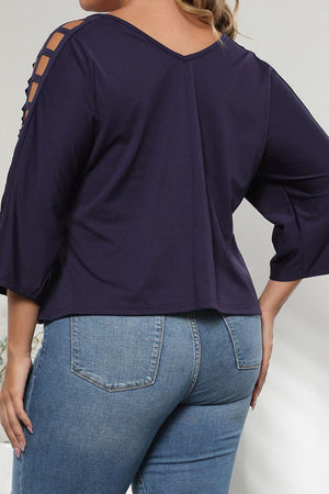 Cutout Three-Quarter Sleeve Plus Size V-Neck Blouse - MXSTUDIO.COM