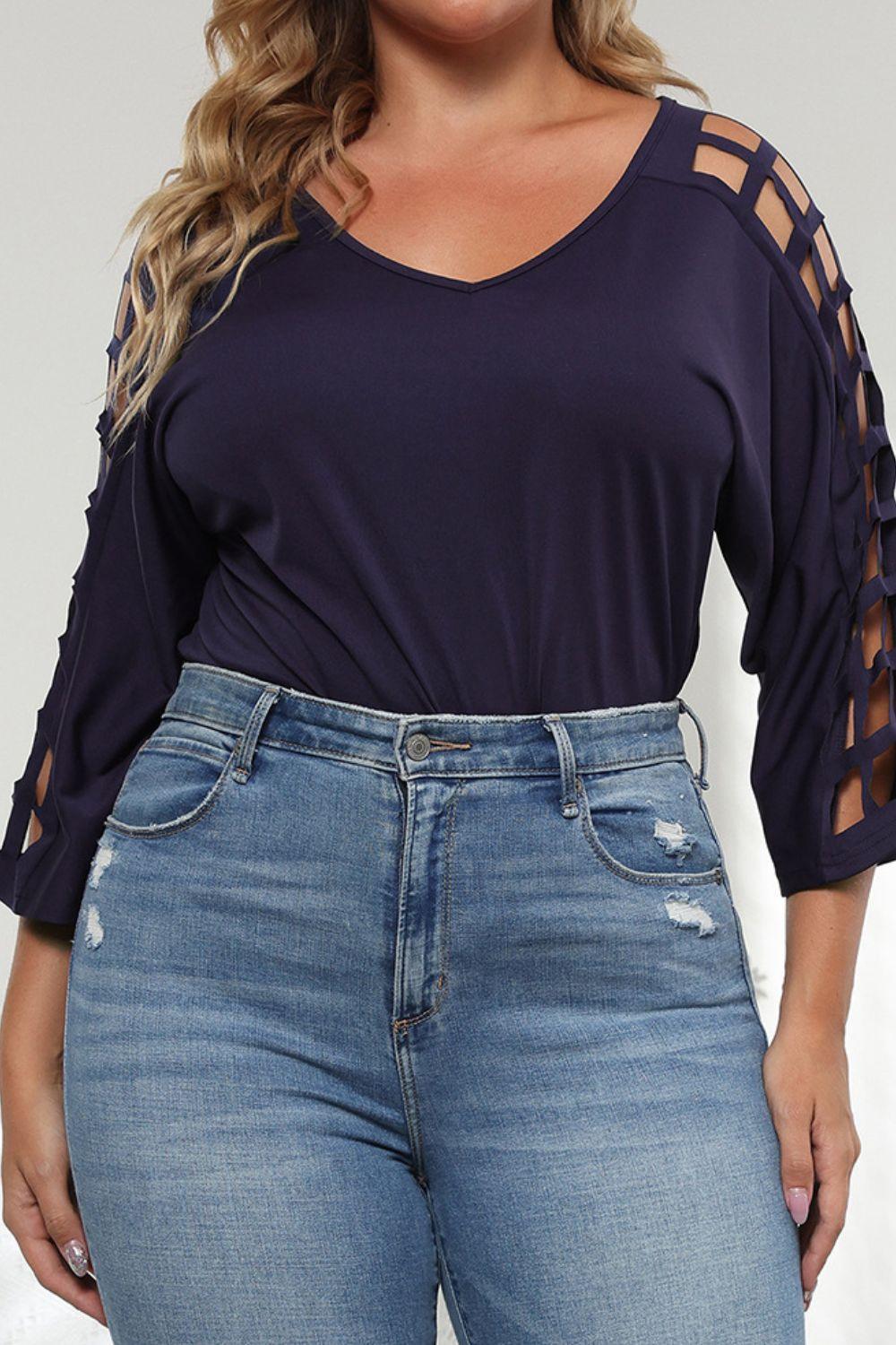 Cutout Three-Quarter Sleeve Plus Size V-Neck Blouse - MXSTUDIO.COM