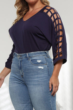 Cutout Three-Quarter Sleeve Plus Size V-Neck Blouse - MXSTUDIO.COM