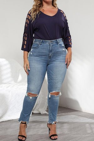 Cutout Three-Quarter Sleeve Plus Size V-Neck Blouse - MXSTUDIO.COM