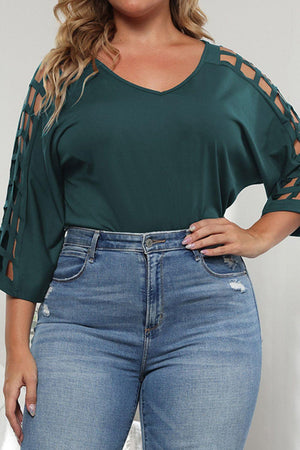 Cutout Three-Quarter Sleeve Plus Size V-Neck Blouse - MXSTUDIO.COM