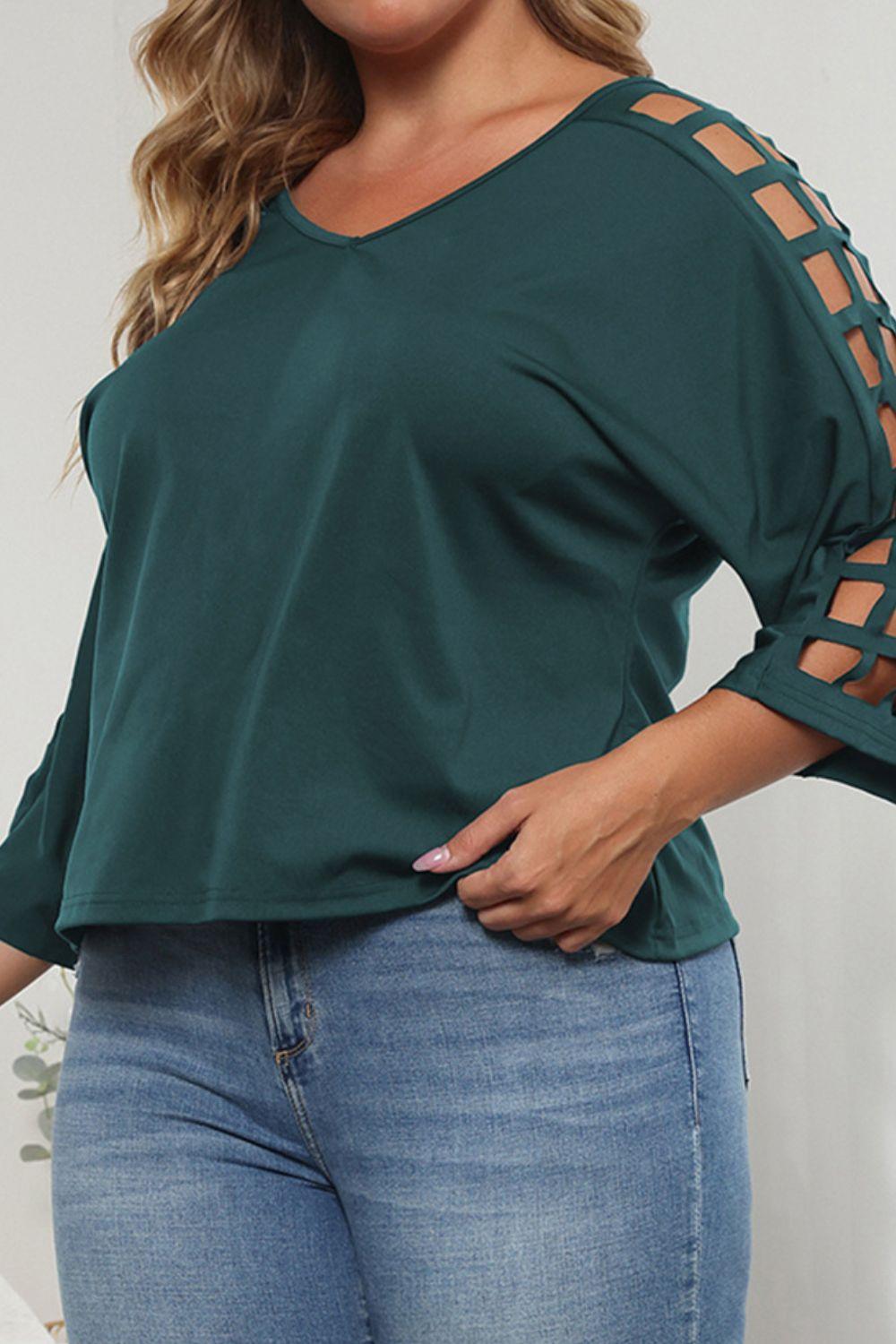 Cutout Three-Quarter Sleeve Plus Size V-Neck Blouse - MXSTUDIO.COM