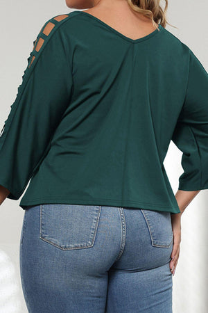 Cutout Three-Quarter Sleeve Plus Size V-Neck Blouse - MXSTUDIO.COM