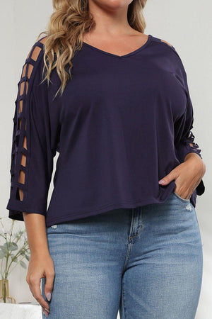 Cutout Three-Quarter Sleeve Plus Size V-Neck Blouse - MXSTUDIO.COM