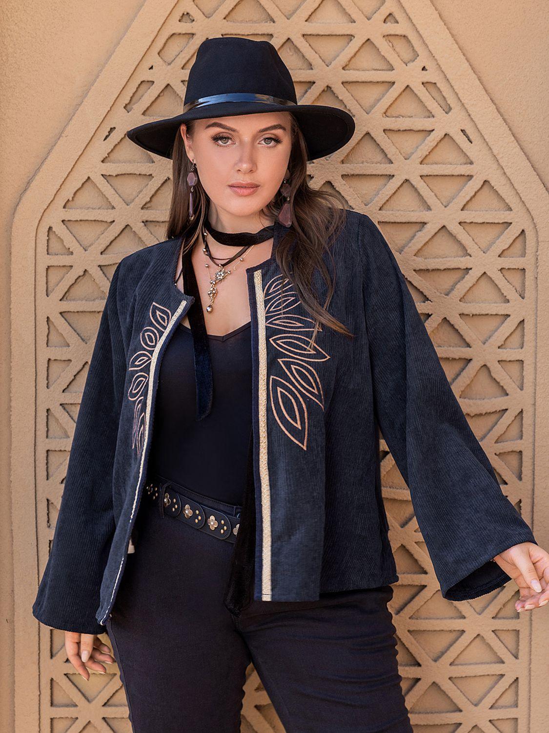 Dark Navy Open Front Plus Size Embroidered Jacket - MXSTUDIO.COM