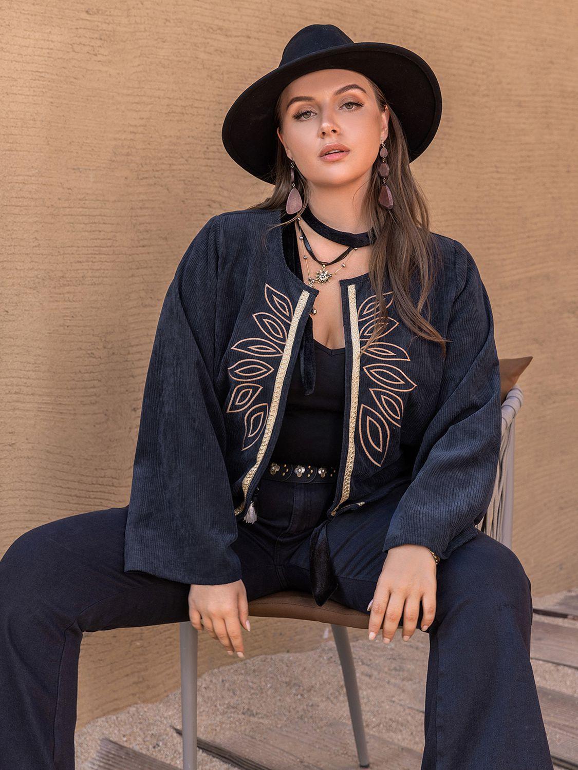 Dark Navy Open Front Plus Size Embroidered Jacket - MXSTUDIO.COM