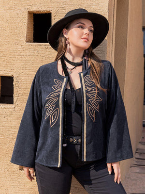 Dark Navy Open Front Plus Size Embroidered Jacket - MXSTUDIO.COM