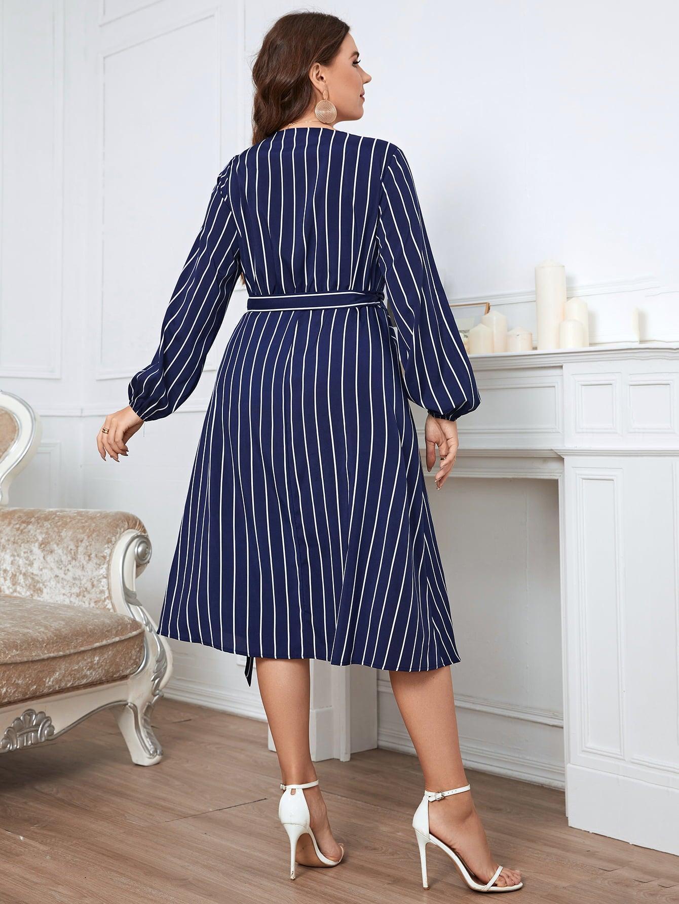 Dashing Long Sleeve Midi Plus Size Striped Dress - MXSTUDIO.COM