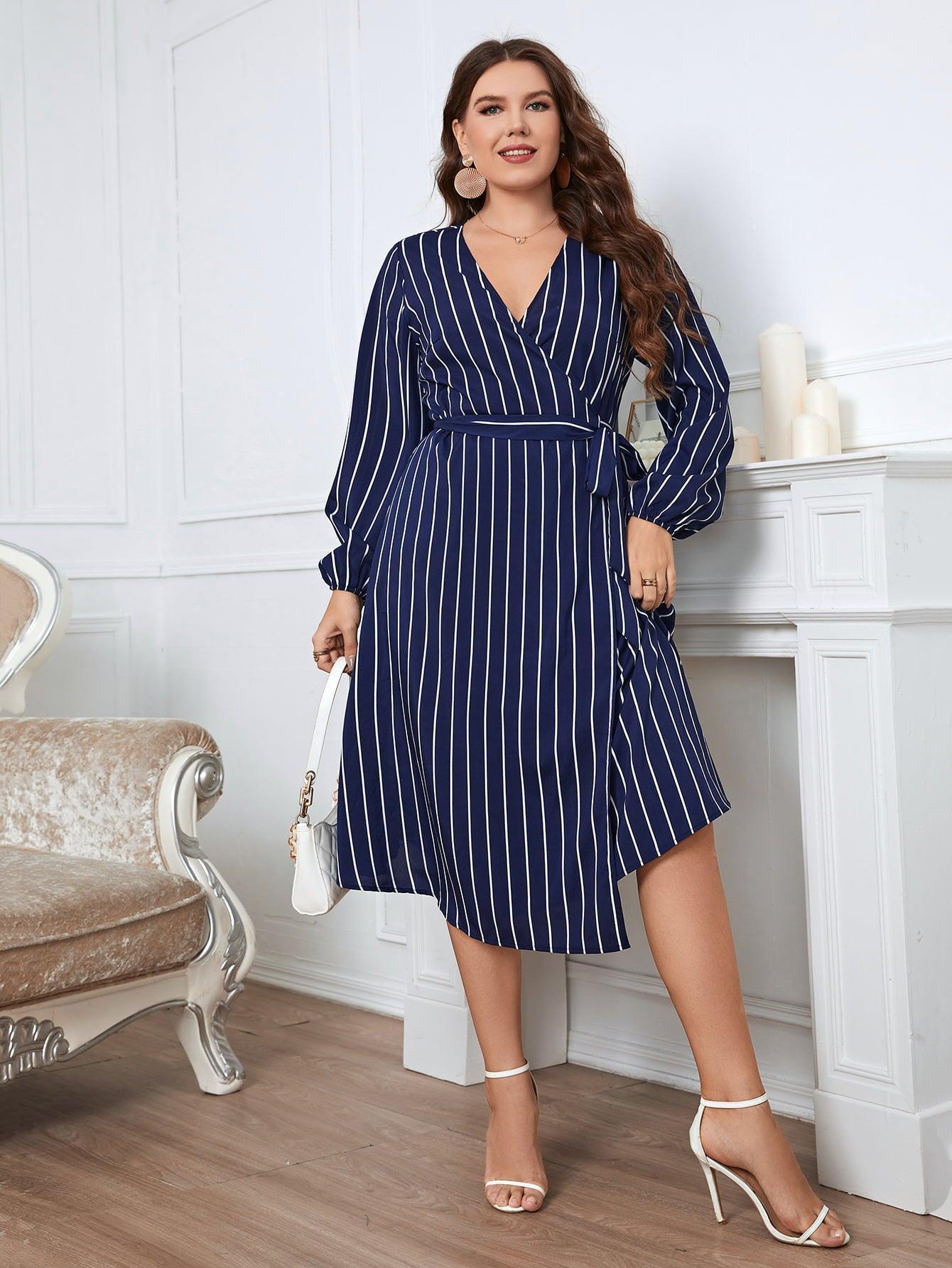 Dashing Long Sleeve Midi Plus Size Striped Dress - MXSTUDIO.COM