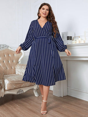 Dashing Long Sleeve Midi Plus Size Striped Dress - MXSTUDIO.COM