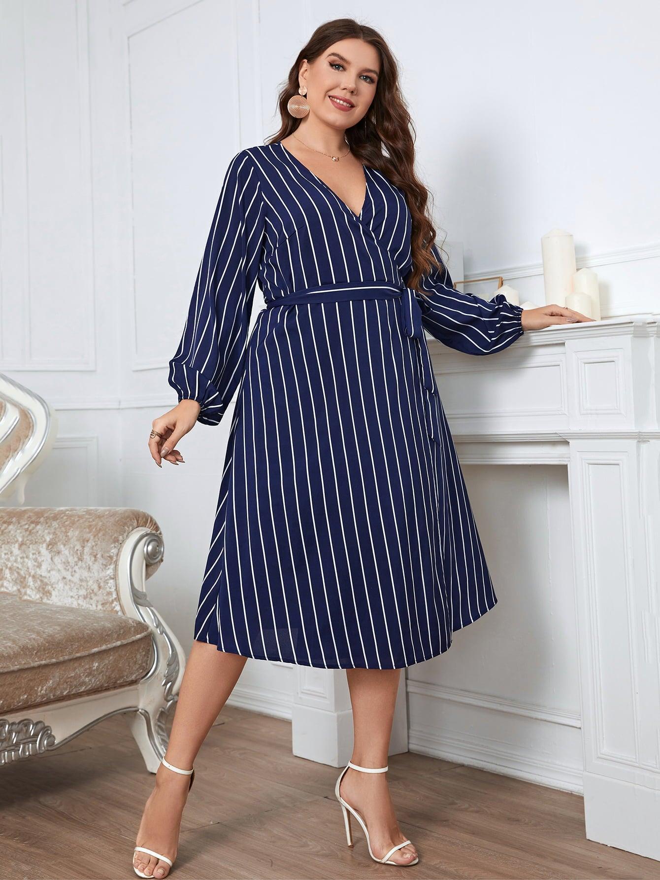 Dashing Long Sleeve Midi Plus Size Striped Dress - MXSTUDIO.COM