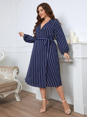 Dashing Long Sleeve Midi Plus Size Striped Dress - MXSTUDIO.COM