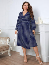 Dashing Long Sleeve Midi Plus Size Striped Dress - MXSTUDIO.COM