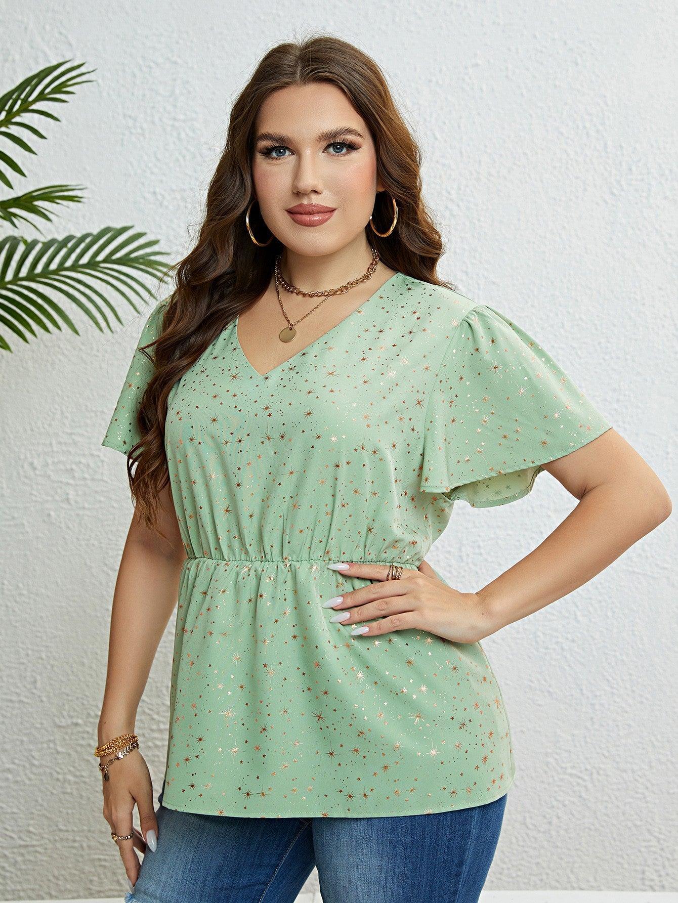 Dazzling Star Print Plus Size Green Peplum Top - MXSTUDIO.COM