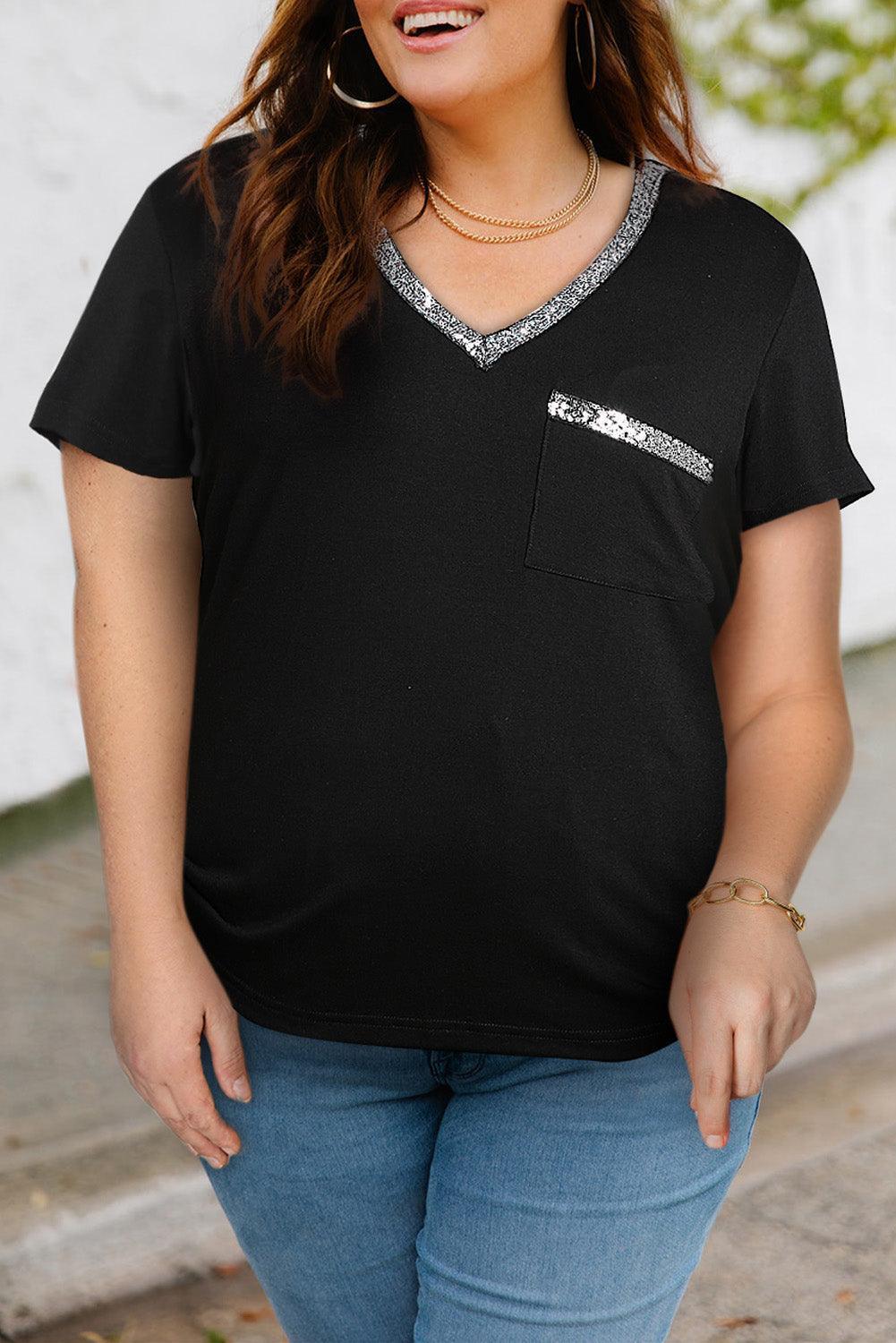 Dazzling V-Neck Plus Size Black Tee Shirt - MXSTUDIO.COM