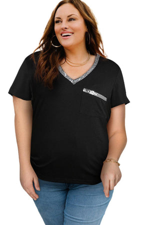 Dazzling V-Neck Plus Size Black Tee Shirt - MXSTUDIO.COM