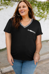 Dazzling V-Neck Plus Size Black Tee Shirt - MXSTUDIO.COM