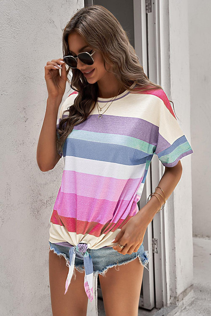 Decide The Vibe Striped Tie Front Tee Shirt - MXSTUDIO.COM