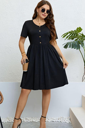 Decorative Buttons Black Plus Size Knee Length Dress - MXSTUDIO.COM