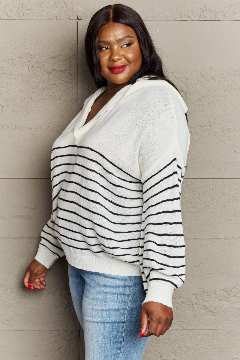 Delight Me Open V-Neckline Knit Plus Size Striped Top - MXSTUDIO.COM