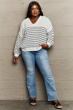 Delight Me Open V-Neckline Knit Plus Size Striped Top - MXSTUDIO.COM