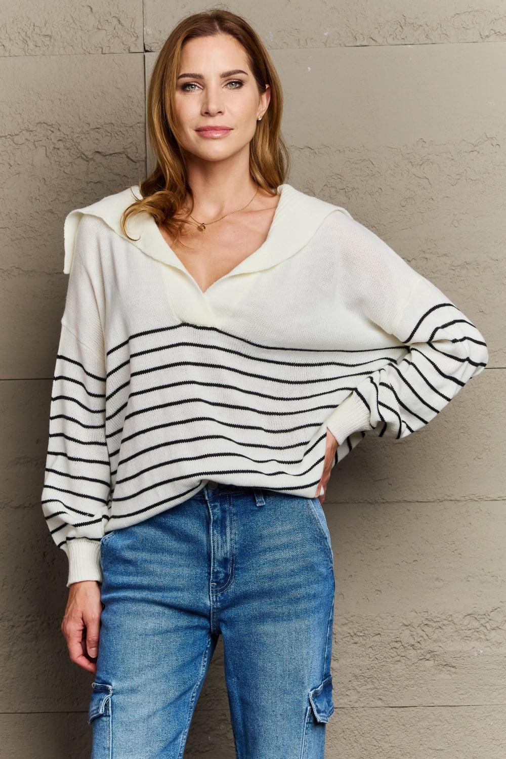 Delight Me Open V-Neckline Knit Plus Size Striped Top - MXSTUDIO.COM